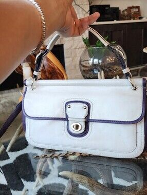 Coach White and Purple Leather Shoulder Bag with Top Handle